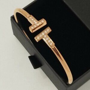 18k Gold Plated "T" Bangle Bracelet with Cubic Zirconia 316L Steel Trendy Love